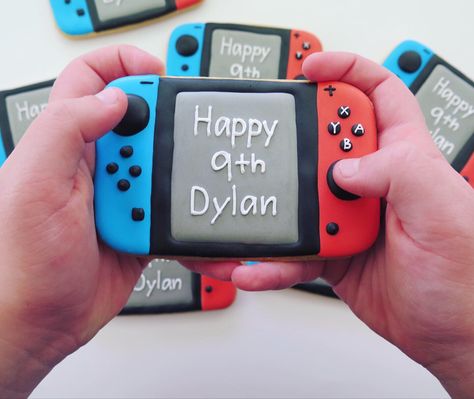 Nintendo Switch Themed Birthday Party, Nintendo Switch Cookies, Switch Cookies, Nintendo Switch Birthday Party, Nintendo Switch Birthday Party Ideas, Nintendo Switch Party, Nintendo Switch Cake, Gaming Birthday Party, Video Game Birthday Party