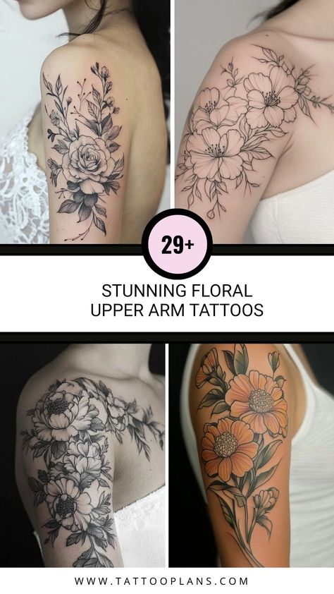 This pin showcases 4 gorgeous floral upper arm tattoo designs, ideal for women. Discover meaningful and stunning tattoo ideas among the beautiful illustrations. Floral Upper Arm Tattoo, Minimalist Floral Tattoo, Georgia Tattoo, Arm Tattoo Designs, Upper Arm Tattoo, Floral Arm Tattoo, Lower Arm Tattoos, Timeless Tattoo, Wildflower Tattoo