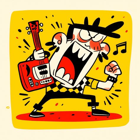 Cartoon rockstar playing a red guitar with energy and passion on a vibrant yellow background, perfect for creative art and design inspiration." Rockstar Cartoon, Rockstar Illustration, Music Illustration Design, Lover Artwork, Bright Yellow Background, Playing The Guitar, Music Illustration, Music Vibes, Colorful Illustration