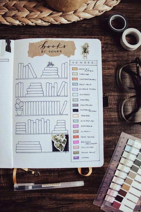 A color-coded bookshelf to track your genres of books read throughout the year. Reading Journal Bookshelf, Reading Journal Aesthetic, Book Genre Tracker, Genre Tracker Reading Journal, Book Journal Genre Tracker, Reading Journal Genre Tracker, Books Ive Read Bullet Journal, Bullet Journal Reading List, Reading Challenge Bullet Journal
