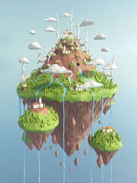 Flying Island, Island In The Sky, Floating Island, Low Poly Games, Polygon Art, Isometric Art, Isometric Illustration, Low Poly Art, Low Poly Models