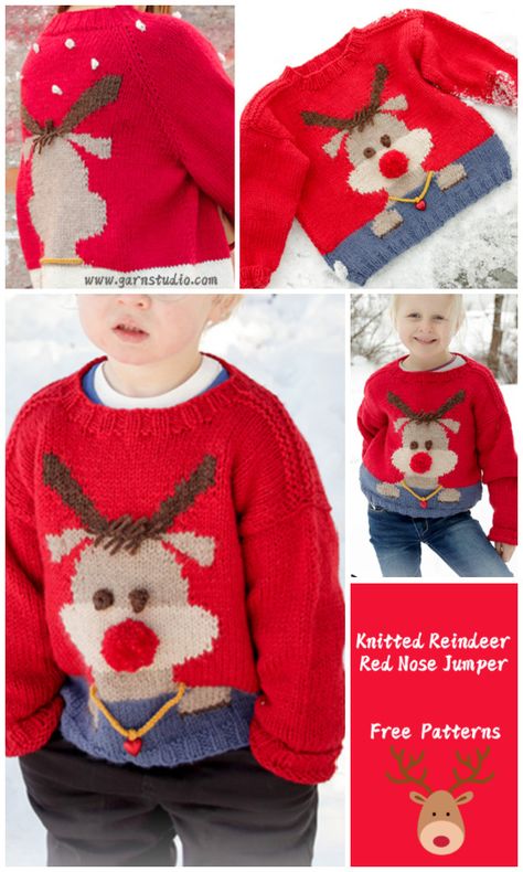 Reindeer Red Nose Jumper Free Knitting Patterns Reindeer Knitting Pattern Free, Christmas Knitting Patterns Free, December Outfits, Xmas Jumpers, Baby Reindeer, Jumper Knitting Pattern, Christmas Knitting Patterns, Free Knitting Patterns, Knitted Animals