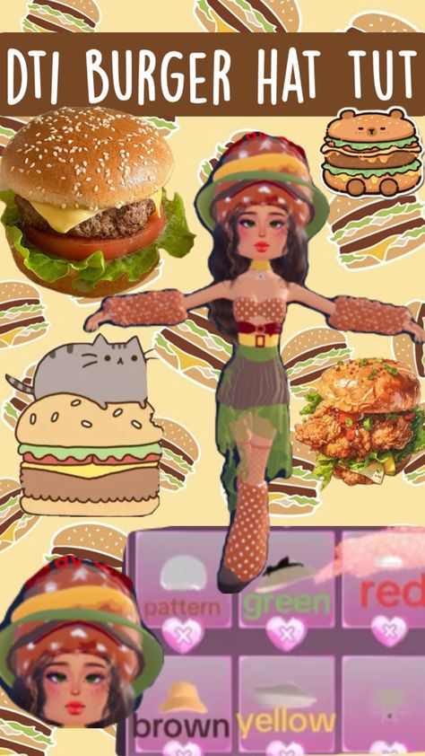 burger hat in dress to impress tutorial Dti Birthday Cake Hat, Wendys Mascot Dress To Impress, Dress To Impress Cake Hat, Cake Hat, Dti Hacks, Hat Tutorial, Red Pattern, Dress Hats, Monster Cookies