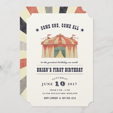 $3.85 | Vintage Circus Birthday Party Invitation #vintage circus, birthday party, kids birthday, childrens birthday party, circus tent, watercolor, carnival theme, come one come all Vintage Circus Birthday Party, Cirque Vintage, Come One Come All, Circus Birthday Party, Circus Tent, Circus Baby, Carnival Birthday Parties, Carnival Birthday, Vintage Invitations