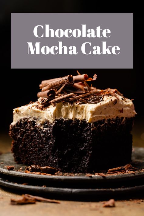 The only thing better than classic chocolate cake… is chocolate cake slathered in mocha buttercream frosting! Instant espresso powder enhances the chocolate flavor and gives the white chocolate buttercream it’s delicious mocha flavor. A must-bake for coffee lovers! #cake #chocolatecake #mochacake Chocolate Cake Espresso Powder, Chocolate Cake With Espresso Buttercream, Chocolate Coffee Flavored Cake, Chocolate Coffee Sheet Cake, Small Chocolate Coffee Cake, Chocolate Cake Frosting Design, Mocha Espresso Cake, Easy Mocha Cake, Mocha Sheet Cake