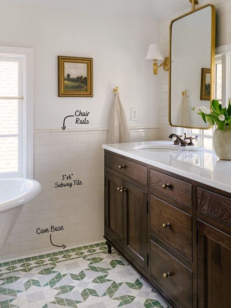 Traditional Subway Tile Bathroom, Timeless Subway Tile Bathroom, Bathroom Tile Chair Rail, Wainscoting Tile Bathroom, Primary Bathroom Wallpaper, Small Craftsman Bathroom Ideas, Bathroom Tile Wainscotting, Bathroom Tile Baseboard, Bathroom Tile Large