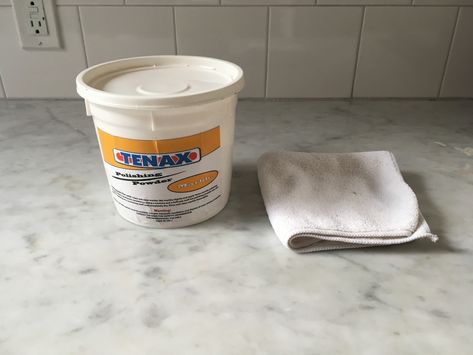 Tenax Marble Polishing Powder on Josh and Julie’s countertop, before cleaning (note the etching at top left). Photograph by Josh Groves. Stained Marble Countertops, Clean Marble Countertops, Cleaning Marble Countertops, Cleaning Marble Floors, Marble Countertops Bathroom, Blue Countertops, Domestic Science, Cultured Marble Countertops, Laundry Room Tables