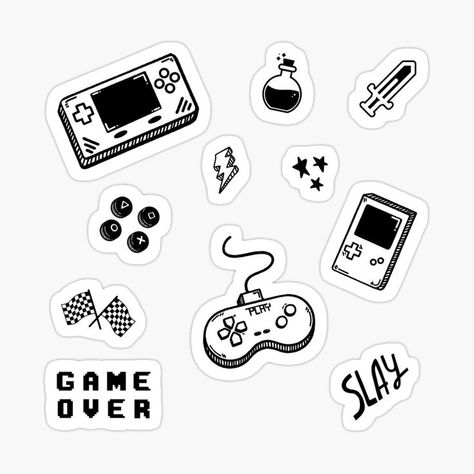 Fun retro video games sticker pack in black and white Retro Video Game Tattoo, Small Gaming Tattoos For Men, Gaming Stickers Design, Video Games Tattoo Ideas, Gaming Flash Tattoo, Small Gaming Tattoo, Gamer Doodles, Game Controller Tattoo, Gameboy Drawing