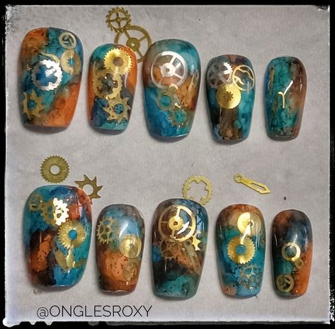 Steam Punk Nail Art, Steam Punk Nails, Steampunk Nail Art, Pirates Nails, Pirate Nails, Steampunk Nails, Gear Clock, Punk Nails, Polish Art