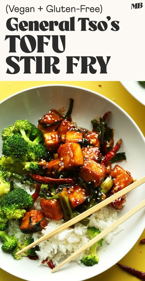 Extremely flavorful, General Tso's Tofu Stir-Fry in just 30 minutes! Spicy-sweet, protein-packed, and a healthier spin on takeout! Tofu Broccoli Stir Fry, Tofu And Broccoli, Whole Plant Based Diet, General Tso Tofu, Broccoli And Rice, Tofu Stir Fry, General Tso, Minimalist Baker, Vegan Asian