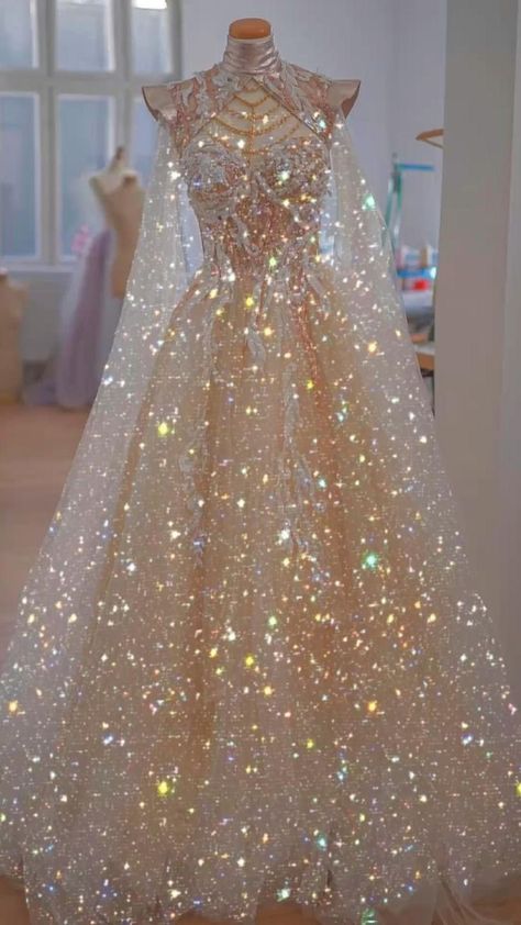 Gold Sparkly Wedding Dress, Aesthetic Prom Dress, Prom Dress Glitter, Aesthetic Sparkle, Sparkle Princess, Glitter Dresses, Fairy Gown, Royalty Dress, Gown Ideas