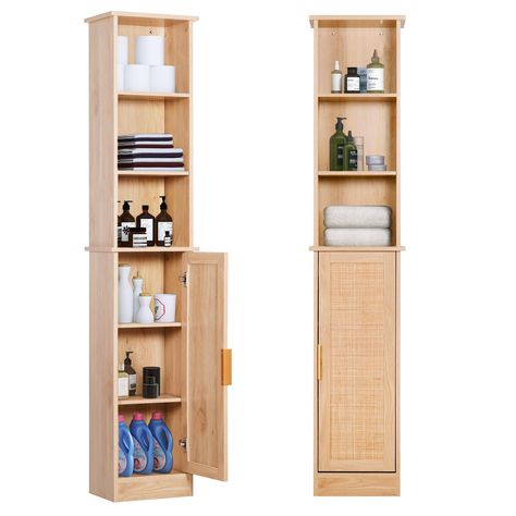 PRICES MAY VARY. 【Improve storage and save space】This tall floor standing cabinet with doors has 2 removable baffles that can not only be removed but also adjusted in height for your convenience and more flexibility. Everything is neatly organized in this tower bathroom cabinet. towels, toiletries and other daily necessities according to your needs. 【Vintage Rattan Corner Cabinet】. 13''D*9''W*65 "H Slim wooden storage shelf with unique rattan natural color decorative style. Delicate lines and te Bathroom Wooden Storage, Small Bayhroom Storage, Narrow Space Storage, Towel Cabinet Ideas, Cabinet Towels, Rustic Bathroom Storage, Bathroom Storage Ideas For Small Spaces, Bathroom Linen Tower, Mom Bathroom