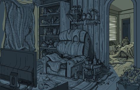 Inside House Illustration, Cluttered Room Drawing, Messy Bedroom Drawing, Messy Room Art, Messy Room Illustration, Inside House Background, Messy Room Drawing, Trash Background, Flooded Room