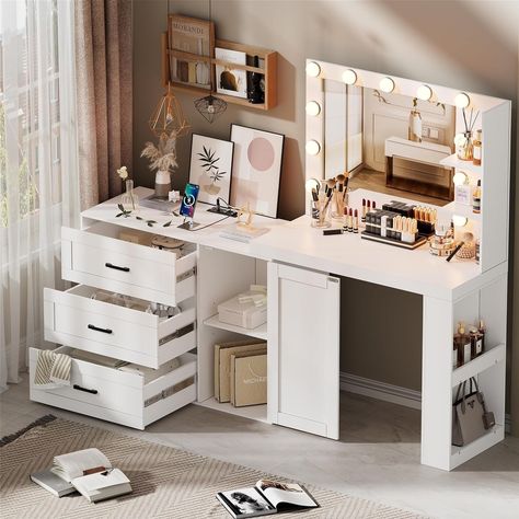 WHITE VANITY WITH CHARGING STATION - Antiqued vanity desk with built-in power outlets is more convenient for your daily life. Ikea Vanity And Desk Combo, L Shaped Vanity Desk, Desk/ Vanity, Diy Vanity Desk Ideas, Bedroom With Vanity Ideas, Office And Makeup Room Combo, Vanity And Work Desk Combo, Vanity Desk Combo, Aesthetic Vanity Desk