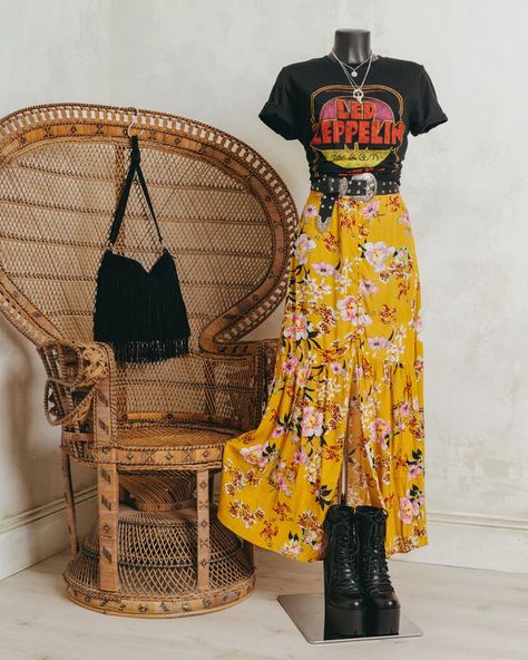 pair a flowy skirt with a vintage band tee Maxi Skirt And T Shirt Outfit, Band Shirt With Skirt, Vintage Band Tees Aesthetic, Skirt Band Tee Outfit, Band Shirts Outfits, Skirts With Tshirts Outfit, Band Tee And Skirt, Maxi Skirt With Tshirt, Graphic Tee Skirt Outfits