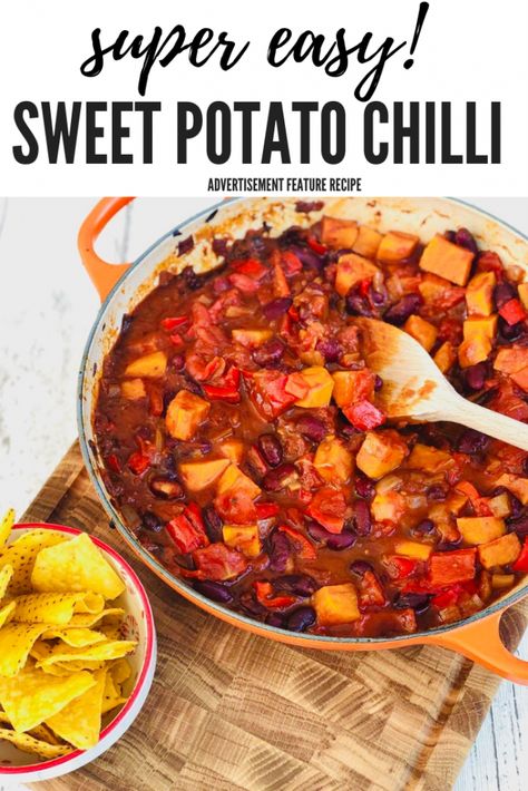 ad-Our healthy sweet potato chilli recipe makes a delicious easy vegan meal idea - it's bursting with flavour and super simple to make. | sweet potato recipe | veggie chilli recipe Veg Chilli Recipe, Veggie Chilli Recipe, Vegan Chilli Recipe, Potato Chilli, Sweet Potato Chilli, Veggie Chilli, Vegan Chilli, Chilli Recipe, Sweet Potato Soup Recipes