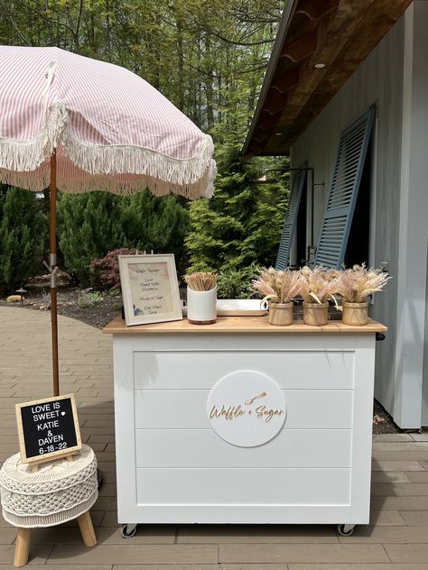 Waffle & Cotton Candy Pop-Up Cart Packages and Pricing Cotton Candy Station Wedding, Diy Popcorn Cart, Cafe Pop Up, Snack Cart Party, Pop Up Cart, Candy Bar Cart, Coffee Cart Ideas, Waffle Cart, Treat Cart