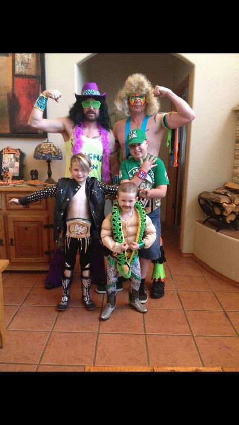 Jake The Snake Costume, Macho Man Halloween Costume, Wwe Group Costume, Wrestling Family Costumes, Family Wrestler Costumes, Wrestlers Halloween Costumes, Wwe Family Costumes, 80s Wrestlers Costume, Wwe Wrestlers Costumes