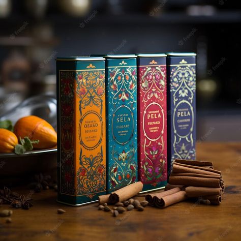 Premium AI Image | three boxes of cinnamon sticks sit on a table with a bowl of cinnamon sticks Cinnamon Packaging, India Spice, Stick Packaging, Luxury Box Design, Spices Packaging, Spice Set, Ceylon Tea, Bullet Journal Art, Journal Art