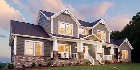 Georgia-Pacific® Vinyl Siding and Accessories Gray Shake Siding, Clay Vinyl Siding, Georgia Pacific Vinyl Siding, House Siding Colors, Replacing Vinyl Siding, Vinyl Shake Siding, New Home Exterior, Grey Siding, White Porch