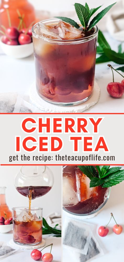 Make cherry iced tea from scratch using black tea, real cherries and homemade cherry syrup. The flavours are brisk, fresh and slightly tart. It's a hit on hot days, especially during cherry season! Infused Iced Tea, Trifle Bowl Recipes, Iced Tea Recipe, Cherry Syrup, Cherry Cocktail, Simple Syrup Recipes, Trifle Bowl, Cherry Season, Iced Tea Recipes