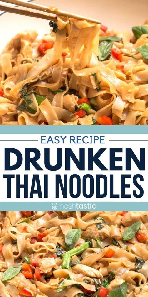 Easy Thai Drunken Noodles recipe, very quick to cook made with chicken and rice noodles, tastes delicious! gluten free recipe made with authentic ingredients, also known as Pad Kee Mao Recipe. Thai Drunken Noodles Recipe, Chicken And Rice Noodles, Pad Kee Mao Recipe, Df Dinner, Drunken Noodles Recipe, Pad Kee Mao, Thai Drunken Noodles, Df Recipes, Rice Noodle Recipes