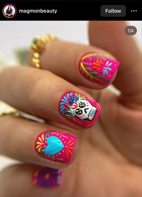 Dia Los Muertos Nails, Book Of Life Nails, Coco Inspired Nails, Mexican Halloween Nails, Candy Skull Nails, Day Of The Dead Nails Acrylic, Sugar Skull Nails Acrylic, Hispanic Heritage Nails, Sugar Skull Nails Designs