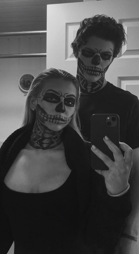 #coupleshalloween #halloween #halloween2022 #fall #skeleton Couple Skull Costume, Creepy Clown Couple Costume, Scary Hot Halloween Costumes Couples, Halloween Couples Costumes Scary, Black And White Couple Costume, Couple Halloween Costumes Creepy, Couple Halloween Makeup Ideas, Couple Costumes For Halloween Scary, Couple Costume Scary