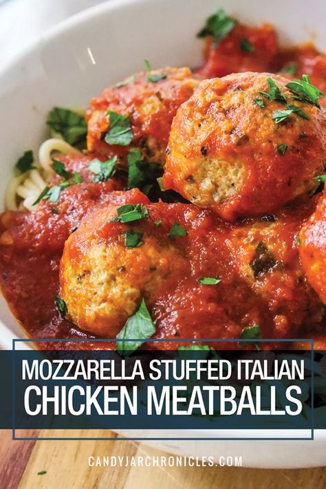 Bursting with flavour and a surprise cheese centre these low-carb chicken meatballs will quickly replace all other meatball recipes. These baked  Mozzarella Stuffed Italian Chicken Meatballs are a definite must!  #meatballs #lowcarb #spaghettiandmeatballs via @Candy Jar Chronicles Italian Chicken Meatballs, Baked Mozzarella, Mozzarella Stuffed Meatballs, Italian Meatballs Recipe, Chicken Meatball Recipes, Low Carb Meatballs, Cheese Stuffed Chicken, Mozzarella Chicken, Homemade Spaghetti