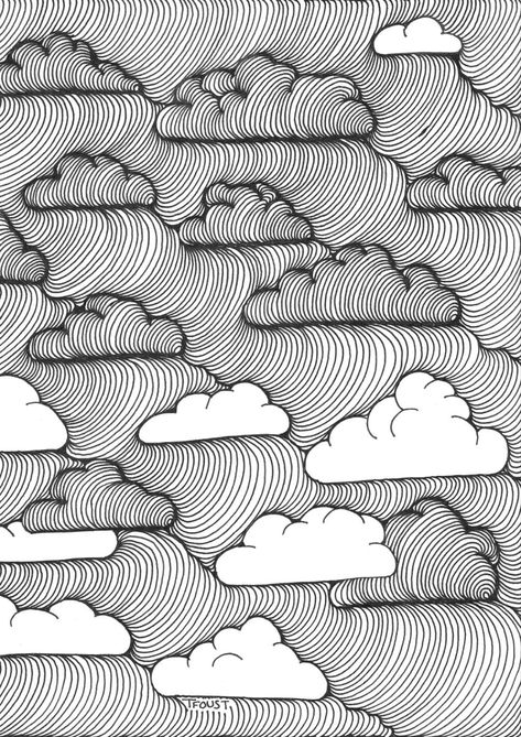 This line art is part of an ongoing project of mine to make an interesting interpretation of clouds through line art. This drawing was made using a fountain pen and jet black ink and a lot of time. Elements Of Art Line, Line Design Pattern, Black Pen Drawing, Patterns Printable, Line Sketch, Tangle Art, Cloud Drawing, Paper Patterns, Doodle Designs