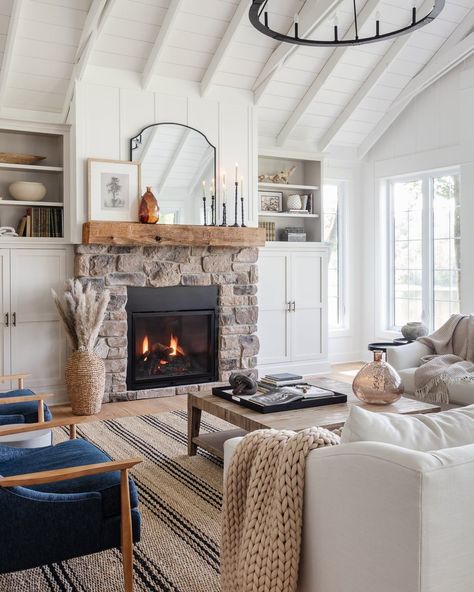 Fireplace Storage, Lilypad Cottage, Lake House Living Room, Fireplace Redo, Light Gray Cabinets, White Living Room Decor, Beige Cabinets, Basement Reno, Agreeable Gray