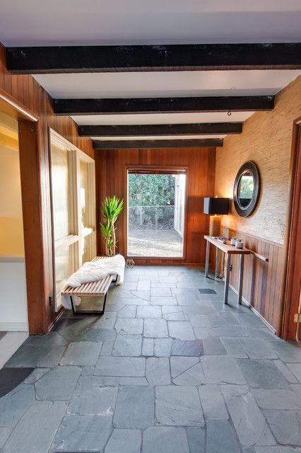 Midcentury Mix in Olympia, WA - Midcentury - Entry - Seattle - by ANNARTHUR HOMES | Houzz Modern Slate Floor, Mid Century Modern Entryway, Interior Front Door, Slate Floor, Slate Tile Floor, Tile Floor Living Room, Wood Front Doors, Modern Entryway, Slate Flooring