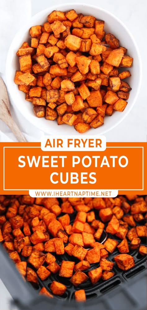 Sweet Patato, Sweet Potato Cubes, Roasted Sweet Potato Cubes, Air Fryer Sweet Potato Fries, Potato Cubes, Sweet Potatoe Bites, Cubed Sweet Potatoes, Crispy Sweet Potato, Air Fryer Oven Recipes