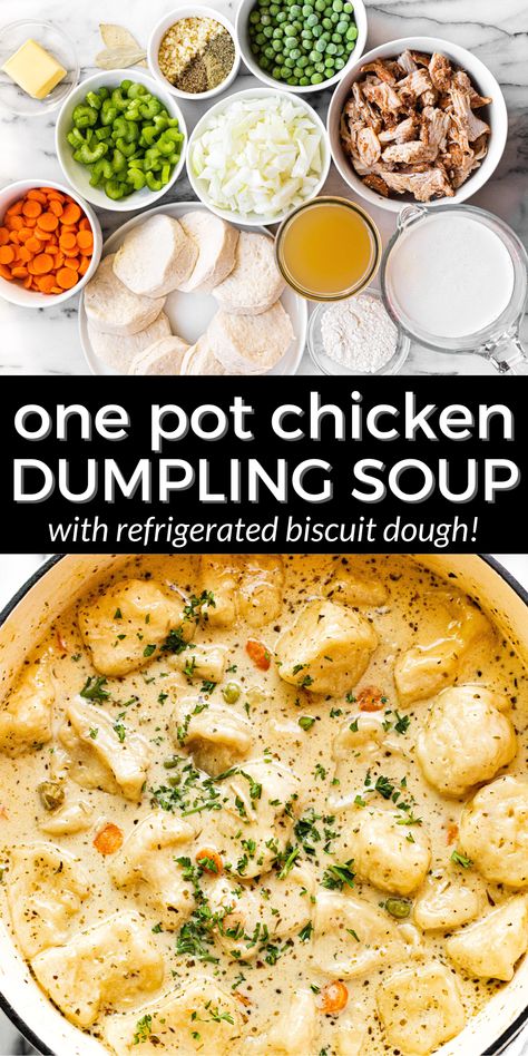 Chicken dumpling soup is the ultimate comfort food and this easy recipe comes together in about 40 minutes thanks to rotisserie chicken and refrigerated biscuit dough. It's got all those classic flavors you're looking for plus delicious veggies in a creamy, herby broth. Crockpot Soup Rotisserie Chicken, Chicken Dumpling Soup With Rotisserie Chicken, Chicken And Dumplings With Rotisserie Chicken And Canned Biscuits, Creamy Chicken Soup With Dumplings, Soup Recipes Chicken Dumpling, Cozy Cook Chicken And Dumplings, Croc Pot Chicken Dumplings, Chicken Dumpling Soup Healthy, Chicken Dumpling With Rotisserie Chicken