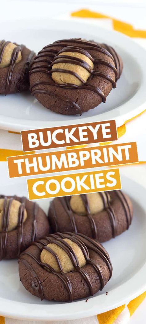 Buckeye Cookies Recipe, Thumbprint Cookies Christmas, Chocolate Peanut Butter Cookies Recipes, Cookies Thumbprint, Peanut Butter Ball, Peanut Butter Thumbprint Cookies, Buckeye Cookies, Christmas Cookie Tray, Chocolate Thumbprint Cookies