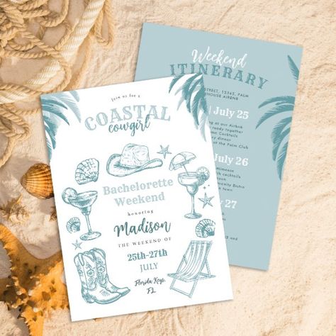 Blue Coastal Cowgirl Bachelorette Party Invitation Coastal Cowgirl Bridal Shower Ideas, Florida Bachelorette Party Themes, Bachelorette Party Themes Beach, Coastal Cowgirl Party, Beach Bachelorette Party Themes, Beachy Bachelorette Party, Coastal Cowgirl Bachelorette Party, Blue Coastal Cowgirl, Coastal Bachelorette Party