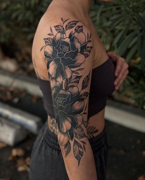 💕Bad Juju💕 | Some black work peonies 💕 lil cover up action. Swipe to see what we covered 👀 #badjujutattoo #tattooideas #tattoocoverup #tattoostyle… | Instagram Pretty Tattoo Cover Ups, Black And Red Tattoo Sleeve For Women, Bold Flower Tattoo Black, Black Work Peony Tattoo, Dark Flower Cover Up Tattoo, Cover Up Tattoos Large, Large Dark Cover Up Tattoos For Women, Inner Bicep Tattoo Women Half Sleeves, Dark Leaf Tattoo