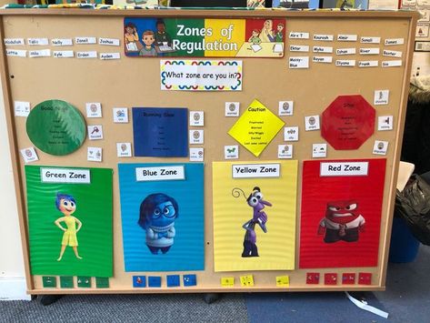 This resource was selected, as it would serve great purpose as intentional classroom decor. Students are able to relate their emotions back to the Zones, helping to develop their social-emotional skills. Photo taken from: https://www.pinterest.ca/pin/794674296754975488/ Interactive Zones Of Regulation Bulletin Board, Emotion Classroom Display, Self Regulation Eyfs Ideas, Self Regulation Display, Emotion Display Board Eyfs, Zones Of Regulation Classroom Display, Calming Down Corner Classroom, Zones Of Regulation Sensory Room, Zone Of Regulation Bulletin Board