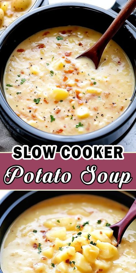 🥔 Cozy up with a bowl of Slow Cooker Potato Soup! Creamy, hearty, and made with simple ingredients. The perfect comfort food for any day. 🧀 #PotatoSoup #SlowCookerRecipes #ComfortFood Potato Soup With Heavy Cream, Potato Soup Pressure Cooker, Soup With Heavy Cream, Soup Pressure Cooker, Slow Cooker Potato, Soup Potato, Slow Cooker Potato Soup, Slow Cooker Potatoes, Cream Of Potato Soup