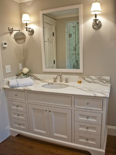 1 Plus 1 Design - bathrooms - Benjamin Moore - Revere Pewter - Benjamin Moore Cloud White, Restoration Hardware Chatham Extension Mirror, white vanity,  calacatta marble countertop, honed calacatta marble Curved Vanity, Bathroom Wall Colors, Makeover Kamar Mandi, Vanity Backsplash, Beadboard Bathroom, Revere Pewter Benjamin Moore, Bath Redo, Revere Pewter, Bathroom Paint Colors