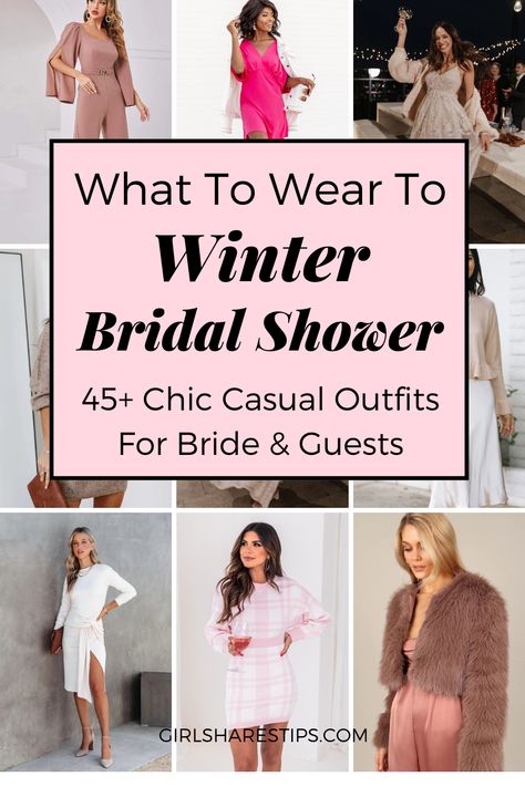 Check this post for 45+ cute & casual bridal shower outfit ideas for winter. | Bridal shower outfits | bridal shower outfit for bride | bridal shower outfit ideas | bridal shower dresses | bridal shower outfit for bridesmaid | bridal shower outfit for guest | bridal shower outfit for guest fall | bridal shower outfit for guest winter | bridal shower outfit ideas guest | fall bridal shower outfit | bridal shower outfit plus size | bridal shower outfit for guest casual | bridal shower attire Wedding Shower Dress Guest Winter, Winter Bridal Luncheon Outfit, Bridal Shower Dress For Guest Fall, Outfits For Bridal Shower Guest Casual, Rainy Bridal Shower Outfit Guest, Cold Weather Rehearsal Dinner Outfit, Classy Bridal Shower Outfit, Bridle Shower Outfits, Outfits To Wear To A Bridal Shower As A Guest