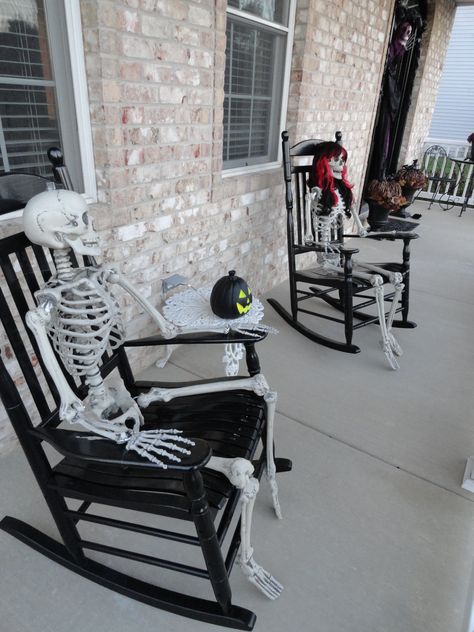 Halloween Porch Skeletons Sitting On Front Porch, Halloween Exterior, Skeleton Ideas, Sitting On The Porch, Posable Skeleton, Spooky Things, Porch Decorations, Celebration Decor, Haunted Halloween