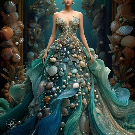 Ocean Themed Dress, Ocean Costume, Under The Sea Dress, Dnd Clothing, Sea Shell Dress, Sea Inspired Fashion, Underwater Theme Party, Under The Sea Costumes, Seashell Dress