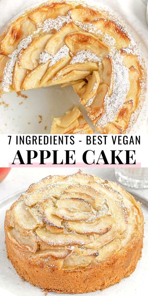 This vegan apple cake is soft, moist, and packed with apple pieces. It's an easy, one-bowl recipe made with seven simple ingredients.You won't believe how soft, moist and easy this cake is. We love it so much that we even made a whole-wheat one and one filled with our mouthwatering vegan custard. Vegan Custard, Vegan Apple Cake, Plant Based School, Vegan Baking Recipes, Easy Vegan Dessert, Vegan Apple, Vegan Cake Recipes, Vegan Bakery, Apple Cake Recipes