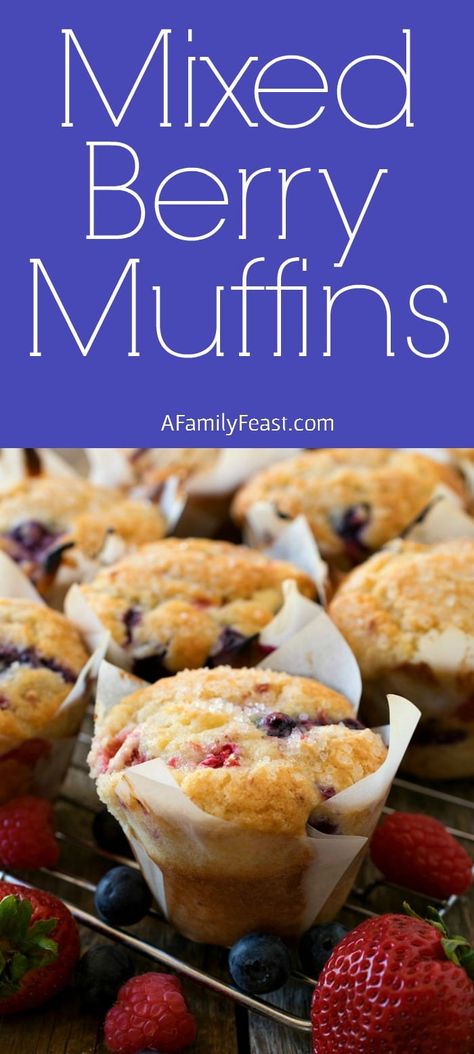 Our Mixed Berry Muffins are a wonderful taste of summer thanks to a generous amount of fresh strawberries, raspberries and blueberries that we loaded into the sweet muffin batter. Homemade Mixed Berry Muffins, Muffins With Frozen Fruit, Berry Muffins With Fresh Berries, Frozen Mixed Berry Recipes, Frozen Berry Muffins, Fruit Explosion Muffins Recipe, Berry Muffins With Frozen Berries, Fruit Muffin Recipes, Fruit Explosion Muffins