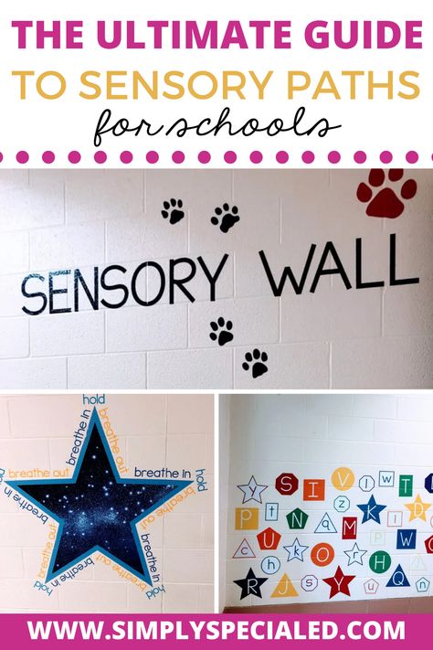 This is your complete guide to sensory paths for schools. You can easily create a sensory path in the school hallway but it’s important to get buy-in from all of your staff members. Sensory pathways in school allow all students more time to move. Inside my blog, you will learn about sensory path ideas, how to set it up, and even funding ideas too. Your elementary students and special education students will love their sensory path for kids at their school. Sensory Room School Ideas, Reflection Room School, Sensory Path School Hallway Wall, Sensory Walks In School, Special Needs Sensory Ideas, Sensory Hallway Ideas, Hallway Activities For Preschool, Sensory Hallway School, Printable Sensory Path