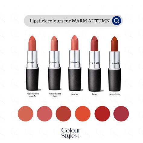 True Autumn Lip Color, Warm Autumn Lipstick Colors, True Autumn Lipstick Colour, Warm Lipstick Colors, Lipstick For Warm Undertones, Warm Autumn Color Palette Makeup, Warm Autumn Lipstick, True Autumn Lipstick, Deep Autumn Lipstick