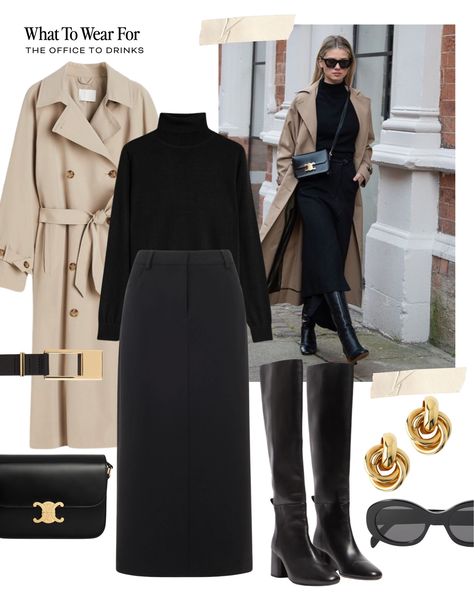 Gilda curated on LTK Trench Coat Outfit, Beige Blazer, Black Turtleneck, Oval Sunglasses, Coat Outfits, Dress For Success, Dressy Outfits, Classic Outfits, Printed Sweatshirts