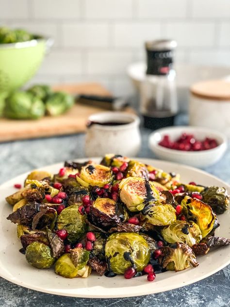 Brussel Sprouts With Pomegranate, Pomegranate Appetizer, Millennial Kitchen, Balsamic Brussel Sprouts, Crispy Brussels Sprouts, Cooking Brussel Sprouts, Crispy Brussel Sprouts, Recipe Generator, Balsamic Reduction