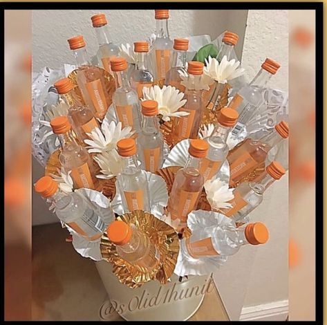 Shot Bouquet, Bottle Bouquet, Liquor Bouquet, Liquor Gift Baskets, Liquor Gifts, Mini Liquor Bottles, Sunflower Gifts, Alcohol Gifts, Bouquet Ideas